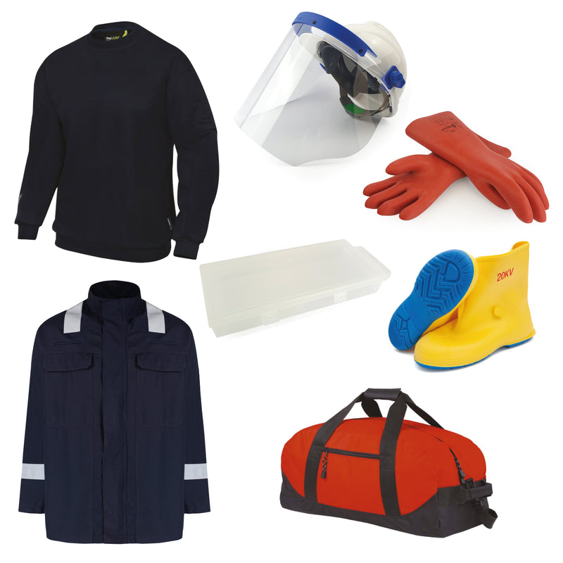 EV PPE pack (glove pack; Class 1 faceshield & hard hat; boots; jacket; trousers; polo shirt; holdall)